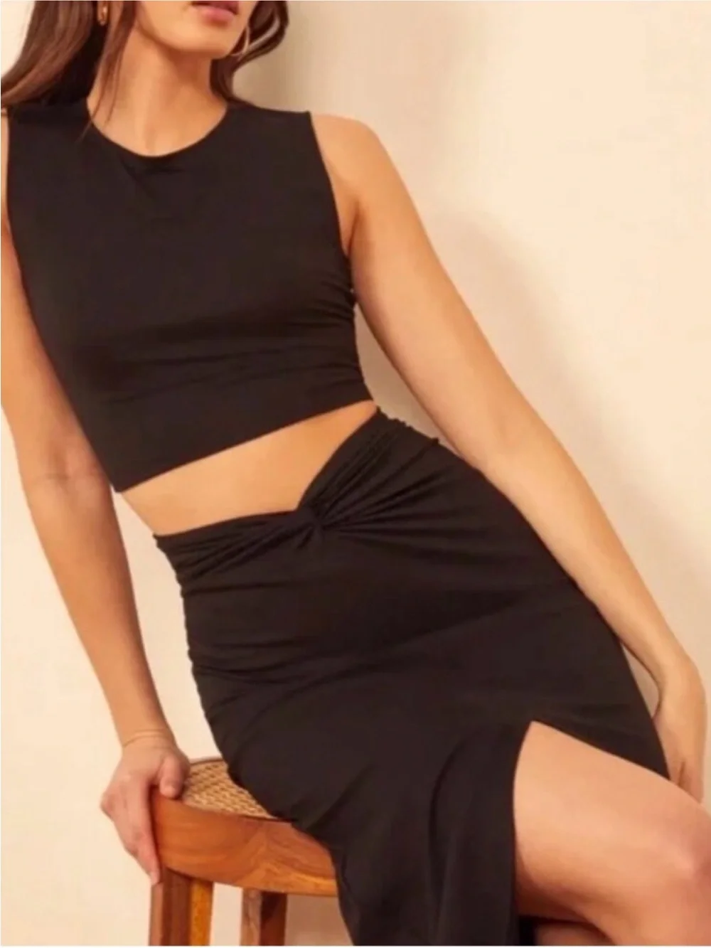 Reformation Rylan Twist Front Ruched Slit Skirt Black Medium